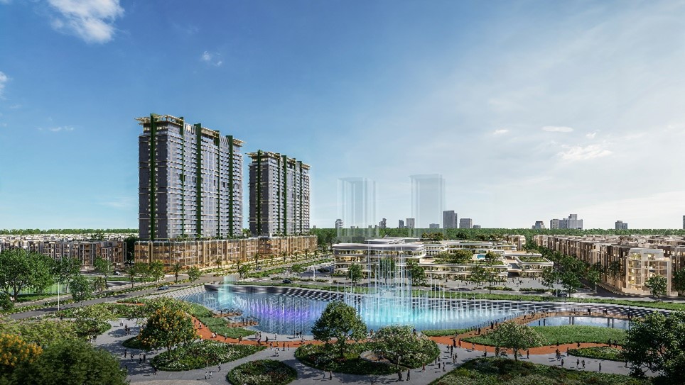 A city with a fountain and buildingsAI-generated content may be incorrect.